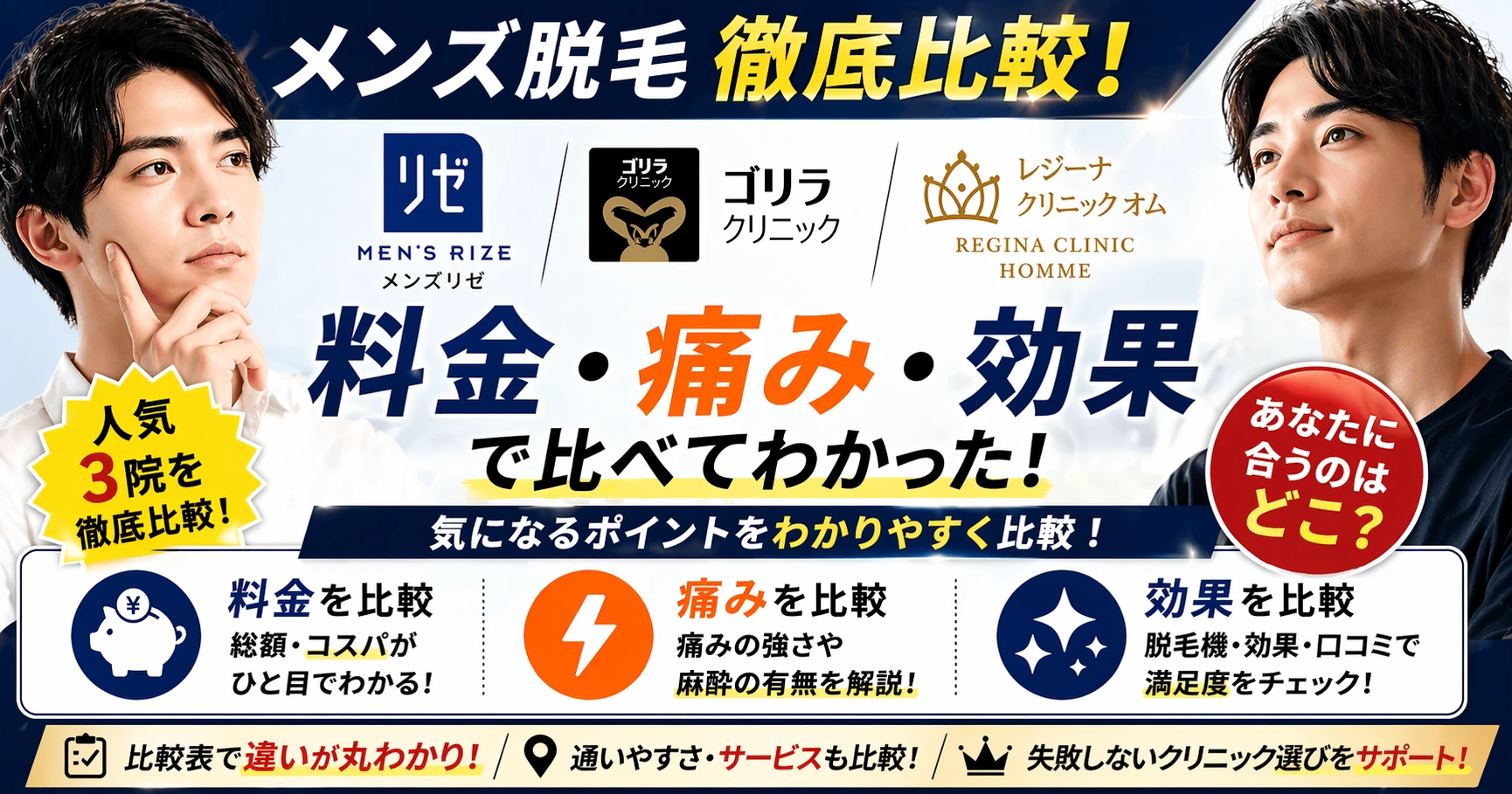 メンズ脱毛比較｜リゼ・ゴリラ・レジーナオムを料金・痛み・効果で比較！